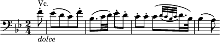  { \relative f' { \key bes \major \time 2/4 \clef "bass"
\partial 8 f8-. _\markup { \italic "dolce" } ^"Vc." | es8([ d c) f-.] | bes,8.( c32 d) es8-. d-. |
c8-. c-. c([ \appoggiatura {d32 c bes c } d16. bes32)] | bes4( a8)}} 