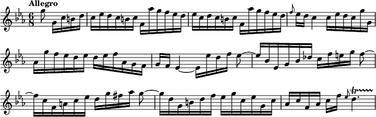 { \relative g'' { \time 6/8 \tempo "Allegro" \key ees \major \override Score.BarNumber #'break-visibility = #'#(#f #f #f) \partial 4.
  g8\noBeam g,16 c b d | c ees d c b c f, aes' g f ees d | %end line 1
  ees c d c b c f, aes' g f ees d |
  \grace f8 ees16 d c4 c16 ees d c g' g, | %end line 2
  aes g' f ees d ees d ees f aes, g f |
  g f ees4 ~ ees16 ees' d f ees8\noBeam ~ | %end line 3
  ees16 bes ees, g bes des c f e g f8\noBeam ~ |
  f16 c f, a c ees d g fis aes g8\noBeam ~ |
  g16 d g, b d f ees g c, ees g, c |
  aes c f, aes c[ f] \grace ees8 d4.\startTrillSpan } }