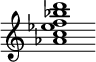 {
  % Rivin lopun pystyviiva ja tahtiosoitus piiloon.
  \override Score.BarLine.break-visibility = ##(#f #t #t)
  \override Staff.TimeSignature #'stencil = ##f
  
  <aes' c'' ees'' f'' bes'' d'''>1
}
