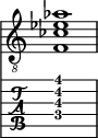  
<<
  %\override Score.BarLine.break-visibility = ##(#f #t #t)
  \time 1/1
    \new Staff  {
    \clef "treble_8"
        \once \override Staff.TimeSignature #'stencil = ##f
        <  f ces' ees' aes'>1
    }

     \new TabStaff {
       \override Stem #'transparent = ##t
       \override Beam #'transparent = ##t 
      <  f\4 b\3 dis'\2 gis'\1>1
  }
>>
