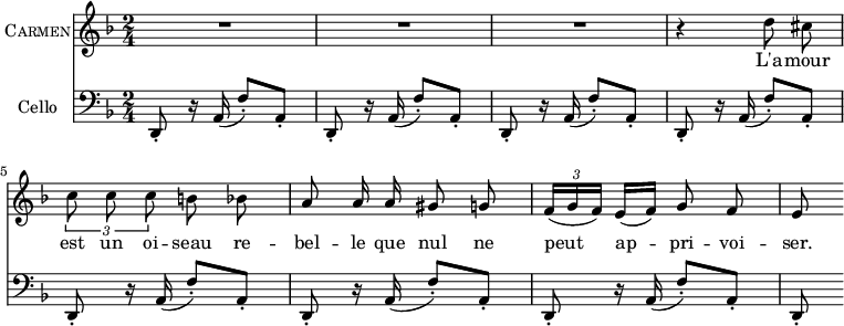  #(set-global-staff-size 13)
\header { 
  tagline = ""  % removed 
} 
\score {
  <<
    \new Voice = "Carmen" {
      \set Staff.vocalName = \markup \smallCaps Carmen
      \clef treble \time 2/4 \key d \minor
      R2 R2 R2
      \relative d'' { \autoBeamOff
        r4 d8 cis \times 2/3 { c c c } b bes
        a8 a16 a gis8 g \autoBeamOn \times 2/3 { f16( g f) } e[( f)] \autoBeamOff g8 f
        e8 \autoBeamOn
      }
    }
    \new Lyrics \lyricsto Carmen { L'a -- mour est un oi -- seau re -- bel -- le que nul ne peut ap -- pri -- voi -- ser. }
    \new Staff {
      \set Staff.instrumentName = "Cello"
      \clef bass \time 2/4 \key d \minor
      {
        d,8-. r16 a,( f8-.) a,-. 
        d,8-. r16 a,( f8-.) a,-.  d,8-. r16 a,( f8-.) a,-. 
        d,8-. r16 a,( f8-.) a,-.  d,8-. r16 a,( f8-.) a,-. 
        d,8-. r16 a,( f8-.) a,-.  d,8-. r16 a,( f8-.) a,-. 
        d,8-.
      }
    }
  >>
}
