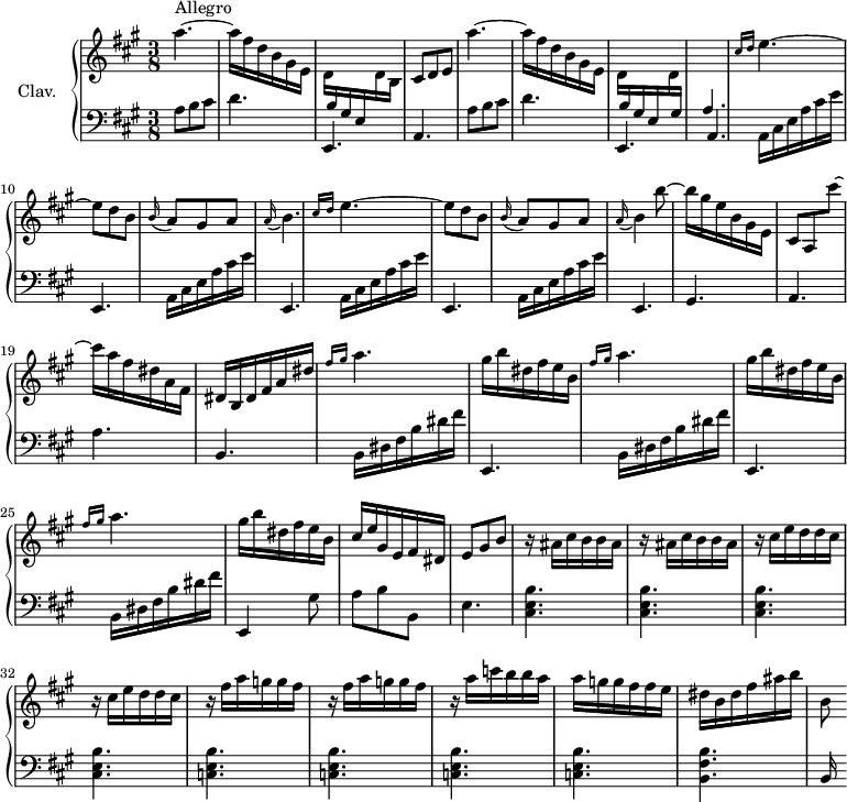 
\version "2.18.2"
\header {
  tagline = ##f
  % composer = "Domenico Scarlatti"
  % opus = "K. 321"
  % meter = "Allegro"
}

%% les petites notes
%trillBesp     = { \tag #'print { bes4.\prall } \tag #'midi { c32 bes c bes~ bes4 } }

upper = \relative c'' {
  \clef treble 
  \key a \major
  \time 3/8
  \tempo 4. = 72
  \set Staff.midiInstrument = #"harpsichord"
  \override TupletBracket.bracket-visibility = ##f

      s8*0^\markup{Allegro}
      a'4.~ a16 fis d b gis e | \stemDown d  \stemUp  \change Staff = "lower" b gis e \stemDown \change Staff = "upper" d' b | \stemNeutral cis8 d e | a'4.~ a16 fis d b gis e |
      % ms. 7
      \stemDown d16  \stemUp  \change Staff = "lower" b gis e \stemDown \change Staff = "upper" d' \stemUp  \change Staff = "lower" gis,  | a4.  | \stemNeutral \change Staff = "upper"  \grace {   \tempo 4. = 35 cis'16 d }   \tempo 4. = 72 e4.~ | e8 d b | \appoggiatura b16 a8 gis a | \appoggiatura a16 b4. | \grace {   \tempo 4. = 35 cis16 d }   \tempo 4. = 72 e4.~ |
      % ms. 14
      e8 d b | \appoggiatura b16 a8 gis a | \appoggiatura a16 b4 b'8~ | b16 gis e b gis e | cis8 a cis''8~ | cis16 a fis dis a fis |
      % ms. 20
      dis16 b dis fis a dis | \repeat unfold 3 { \grace {   \tempo 4. = 35 fis16 gis }   \tempo 4. = 72 a4. | gis16 b dis, fis e b } |  
      % ms. 27
      cis16 e gis, e fis dis | e8 gis b | \repeat unfold 2 { r16 ais16 cis b b ais } | \repeat unfold 2 { r16 cis16 e d d cis } |
      % ms. 33
      \repeat unfold 2 { r16 fis16 a g g fis } | r16 a16 c b b a | a g g fis fis e | dis b dis fis ais b |
      % ms. 38
      b,8

}

lower = \relative c' {
  \clef bass
  \key a \major
  \time 3/8
  \set Staff.midiInstrument = #"harpsichord"
  \override TupletBracket.bracket-visibility = ##f

    % ************************************** \appoggiatura a16  \repeat unfold 2 {  } \times 2/3 { }   \omit TupletNumber 
      \repeat unfold 2 { a8 b cis | d4. | e,, | \shiftOn a } |
      % ms. 9
      \repeat unfold 4 { a16 cis e a cis e | e,,4. }
      % ms. 17
      gis4. a a' |
      % ms. 20
      b,4. | \repeat unfold 2 { b16 dis fis b dis fis | e,,4. } | b'16 dis fis b dis fis |
      % ms. 24
      e,,4  gis'8 | a b b, | e4. | < cis e b' >4. q q |
      % ms. 32
      q | < c e b' >4. q q q | < b fis' b >4.
      % ms. 38
      b16

}

thePianoStaff = \new PianoStaff <<
    \set PianoStaff.instrumentName = #"Clav."
    \new Staff = "upper" \upper
    \new Staff = "lower" \lower
  >>

\score {
  \keepWithTag #'print \thePianoStaff
  \layout {
      #(layout-set-staff-size 17)
    \context {
      \Score
     \override SpacingSpanner.common-shortest-duration = #(ly:make-moment 1/2)
      \remove "Metronome_mark_engraver"
    }
  }
}

\score {
  \keepWithTag #'midi \thePianoStaff
  \midi { }
}
