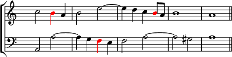 

\new ChoirStaff <<
   \new Staff <<
    \set Score.tempoHideNote = ##t
    \tempo 2 = 88
    \override Staff.TimeSignature.transparent = ##t
         \relative c''
         { c2 \tweak NoteHead.color #red \tweak Stem.color #red b4 a b2 e ~ e4 d c \tweak NoteHead.color #red b8 a b1 a \bar "||" }
          >>

    \new Staff <<
           \override Staff.TimeSignature.transparent = ##t
              \clef "bass"
              \relative c { a2 a' ~ a4 g \tweak NoteHead.color #red \tweak Stem.color #red f e f2 a ~ a gis a1 }
     >>
 >>

