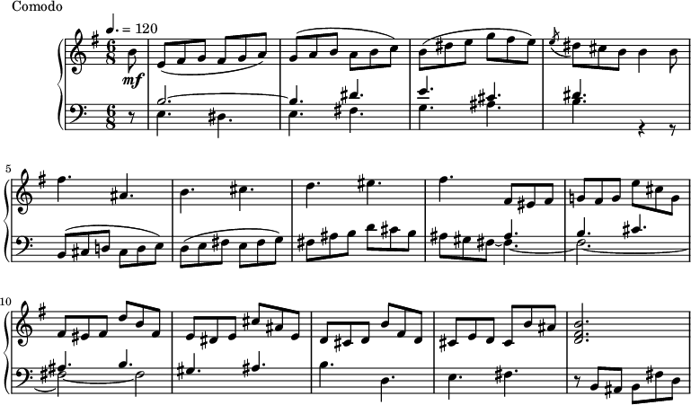 
\version "2.18.2"
\header {
  tagline = ##f
}
upper = \relative c'' {
  \clef treble 
  \key e \minor
  \time 6/8
  \tempo 4. = 120
  \override TupletBracket.bracket-visibility = ##f

   %%Montgeroult — Étude 7 (pdf p. 28)
   \partial 8 b8\mf e,([ fis g] fis g a) g([ a b] a b c) b([ dis e] g fis e) \acciaccatura e8 dis8 cis b b4 b8
   fis'4. ais, b cis d eis fis fis,8 eis fis g! fis g  e' cis g fis eis fis d' b fis e dis e cis' ais e d cis d b' fis d cis e d cis b' ais < b fis d >2.~ 

}

lower = \relative c' {
  \clef bass
  \key a \minor
  \time 6/8

  r8 << { b2.~ b4. dis4. e cis dis } \\ { e,4. dis e fis g ais b r4 r8 } >>
  b,8( cis d! cis d e) d( e fis e fis g) fis ais b d cis b  
  << { s4. ais4. b cis ais b gis ais } \\ { ais8 gis fis8~ fis4.~ fis2.~ fis2~ fis2 } >>
  b4. d, e fis r8 b,8 ais b fis' d
  
}

  \header {
    piece = "Comodo"
  }

\score {
  \new PianoStaff <<
    \new Staff = "upper" \upper
    \new Staff = "lower" \lower
  >>
  \layout {
    \context {
      \Score
      
    }
  }
  \midi { }
}
