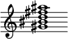 {
  % Rivin lopun pystyviiva ja tahtiosoitus piiloon.
  \override Score.BarLine.break-visibility = ##(#f #t #t)
  \override Staff.TimeSignature #'stencil = ##f
  
  <gis' bis' d'' fis'' ais''>1
}
