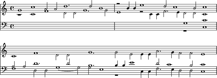 { \time 4/4 << { \set Staff.midiInstrument = #"church organ" \set Score.tempoHideNote = ##t \tempo 4 = 120 \clef treble \cadenzaOn << \relative g' { g1 c a2 a d1. d2 b1 \bar "|" r2 b4 b e1 d2 c1 b2 c1 \bar "|" } \\ \relative c' { r1 c f d2 d g1. g2 | e1 r2 c4 c f2. e4 d2 d c1 | c f d2 d s g1. g2 e e4 e a2. g4 f2 f e1 \bar "|" } >> }
\new Staff { \set Staff.midiInstrument = #"church organ" \time 4/4 \clef bass \cadenzaOn { s1 s s s s s | s s s << \relative g { g1 c | a2 a d1. d2 s b1. b4 b e1 d2 c1 b2 c1 | } \\ \relative c { r1 c | f d2 d g1 ~ g2 g e1 r c4 c f2. e4 d2 d c1 } >> } } >> }