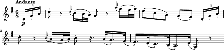 
\version "2.18.2"
\relative c'' {
  \key g \major
  \time 6/8
  \tempo "Andante "
  \tempo 4 = 54
  \partial 8 \tuplet 3/2 {d,16-.\p g-. b-. }
  d8-. r \grace d32 (c16) (b32 a) g8-. r \grace a'32 (g16) (fis32 g)
  e8 (c a) g [(fis)] \tuplet 3/2 {d16-. g-. b-. }
  c8-. r \grace b32 (a16) (g32 a) b8-. r16. a32 (g16.-.) fis32 
  (e16.-.) d32 (c16.-.) b32 (a16.-.) d32 (g,8) r
}
