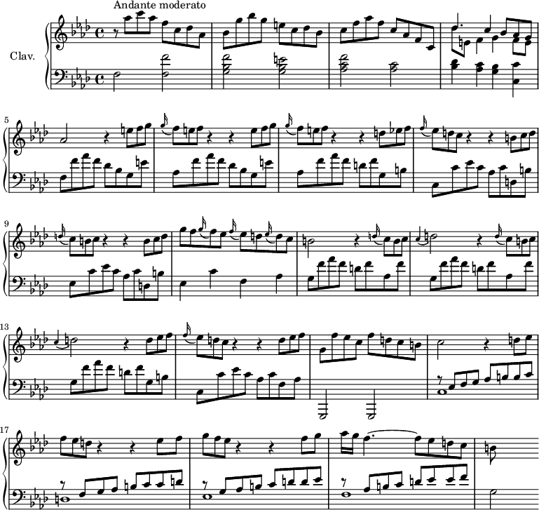 
\version "2.18.2"
\header {
  tagline = ##f
}

%% les petites notes
trillFqq     = { \tag #'print { f8\prall } \tag #'midi { g32 f g f } }


upper = \relative c'' {
  \clef treble 
  \key f \minor
  \time 4/4
  \tempo 4 = 72
  \set Staff.midiInstrument = #"harpsichord"
  \override TupletBracket.bracket-visibility = ##f
  \omit TupletNumber

      s8*0^\markup{Andante moderato} 
      r8 aes'8 c aes f c des aes | bes g' bes g e! c des bes | c f aes f c aes f c | << { \mergeDifferentlyDottedOn des'4. c4 bes8 aes g } \\ { des'8 e, f4 g f8 e } >>
      % ms. 5
      aes2 r4 \repeat unfold 2 { \times 2/3 { e'8[ f g] } \times 2/3 { \appoggiatura g16 f8[ e f] } r4 r4 } \times 2/3 { d8 ees f } |
      % ms. 8
      \times 2/3 { \appoggiatura f16 ees8[ d c] } r4 r4 \times 2/3 { b8[ c d] } | \times 2/3 { \appoggiatura d16 c8[ b c] } r4 r4 \times 2/3 { b8[ c d] } | g8 f \appoggiatura g16 f8 ees \appoggiatura f16 ees8 d \appoggiatura ees16 d8  c |
      % ms. 11
      b2 r4 \repeat unfold 2 { \times 2/3 { \appoggiatura d16 c8[ b c] } \appoggiatura c4 d2 r4 } \times 2/3 { d8 ees f } |
      % ms. 14
      \times 2/3 { \appoggiatura f16 ees8[ d c] } r4 r4 \times 2/3 { d8 ees f } | g,8 f' ees c f d  c b | c2 r4 d8 ees | \times 2/3 { f8 ees d } r4 r4 ees8 f |
      % ms. 18
      \times 2/3 { g8 f ees }  r4 r4 f8 g | aes16 g f4.~ f8 ees d c | b8 s8 s4 

}

lower = \relative c {
  \clef bass
  \key f \minor
  \time 4/4
  \set Staff.midiInstrument = #"harpsichord"

    % **************************************
       % ms. 21       
       f2 < f f' >2 | < g bes f' > < g bes e > < aes c f > < aes c > | < bes des >4 < aes c > < g bes> < c, c' > |
       % ms. 5
       f8 f' aes f  des bes g e' | aes, f' aes f  des bes g e' | aes, f' aes f  d f g, b | 
       % ms. 8
       c,8 c' ees c  aes c d, b' | ees, c' ees c  aes c d, b' | ees,4 c' f, aes | 
       % ms. 11
       g8 f' aes f  d f aes, f' | g, f' aes f  d f aes, f' | g, f' aes f  d f g, b | 
       % ms. 14
       c,8 c' ees c  aes c f, aes | g,,2 g | << { r8 ees''8 f g  aes b b c  } \\ { c,1 } >>
       % ms. 18
       << { r8 f8 g aes b c c d | r8 g,8 aes b c d d ees | r8 aes, b c d  ees ees f } \\ { d,1 | ees | f | g2 } >>

}

thePianoStaff = \new PianoStaff <<
    \set PianoStaff.instrumentName = #"Clav."
    \new Staff = "upper" \upper
    \new Staff = "lower" \lower
  >>

\score {
  \keepWithTag #'print \thePianoStaff
  \layout {
      #(layout-set-staff-size 17)
    \context {
      \Score
     \override SpacingSpanner.common-shortest-duration = #(ly:make-moment 1/2)
      \remove "Metronome_mark_engraver"
    }
  }
}

\score {
  \keepWithTag #'midi \thePianoStaff
  \midi { }
}
