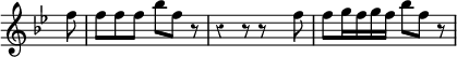 { \override Score.TimeSignature #'stencil = ##f \override Score.Rest #'style = #'classical \time 6/8 \key bes \major \partial 8 \relative f'' { f8 f f f bes f r r4 r8 r s f f g16 f g f bes8 f r } }