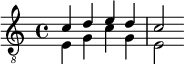 
\relative c' {
\clef "treble_8"

<<
{
           \voiceOne
           c d e d c2 }
         \new Voice {
           \voiceTwo
           e,4 g c g e2 }
>>
}
