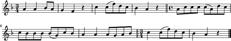 
\relative a' {
 \key f \major
 \time 3/4
 a4 a bes8 a g4 f r c' c8( f) d c bes4 a r
 \bar "||"
 \time 4/4
 a8 c c c c( a) d c c bes bes bes bes( g) c bes
 a4 a a8 g a bes
 \bar "||"
 \time 3/4
 c4 c8( f) d c bes4 a r
 \bar "|."
 }
