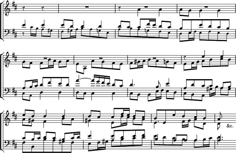 \new ChoirStaff << \override Score.BarNumber #'break-visibility = #'#(#f #f #f) \override Score.Rest #'style = #'classical \override Score.TimeSignature #'stencil = ##f
  \new Staff <<
  \new Voice \relative e'' { \key d \major \time 3/4 \partial 2
    \stemUp r4 r | R2.*6 | r4 e e |
    e8 d d4 d | d8 cis cis fis16 e d8 cis |
    b e, e' d cis b a8 s4_"&c." }
  \new Voice \relative a' { \stemDown s2 | s2. | r4 a a | a8 g g4 g |
    g8 fis fis b16 a g8 a e[ a,] a'[ g fis e] |
    fis[ gis16 a] b8[ a g fis] | e[ fis16 g] a8[ b cis b] |
    a gis fis4 b8 a | gis4 e8 d'16 cis b8 a | e4. fis16 g a8 d, | d } >>
  \new Staff <<
  \new Voice \relative e' { \clef bass \key d \major \stemUp
    e4 e e8 d d4 d | d8 cis cis fis16 e d8 cis |
    b e, e' d cis b | a[ b16 cis] d8[ fis e d] |
    a'4 ^~ a16 g fis e d8 cis | d4. b8 e4 | a,8[ d cis cis] a[ b] |
    cis b16 cis d8 cis b cis16 d | e4 e8 d e fis | b,4 a8 a a4 a4. }
  \new Voice \relative c' { \stemDown \tiny
    r8 cis16 b a8 gis | fis gis16 a b8 a g e | a b a g! fis e |
    d e16 fis e8 fis e d | cis a \normalsize d4 d | d8 cis cis4 cis |
    cis8 b b e16 fis e8 d | cis[ b a] gis'16[ b] a8[ gis] |
    fis b, b' a gis fis | e[ fis16 gis] a8[ b cis d] |
    e[ d cis b] a b16 cis | d4. } >> >>