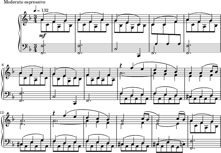 
\version "2.18.2"
\header {
  tagline = ##f
}
upper = \relative c'' {
  \clef treble 
  \key f \major
  \time 3/4
  \tempo 4 = 132
  %\autoBeamOff

   %%Montgeroult — Étude 21 (pdf p. 58)
   << { a4(\mf f g) a( f a) g( e c) } \\ { a'8 c, f a, g' bes, a' c, f a, a' c, g' bes, e g, c bes } >>
   << { c4(c f) } \\ { c8 \stemUp \change Staff = "lower" a \stemDown \change Staff = "upper" c \stemUp \change Staff = "lower" a \stemDown \change Staff = "upper" f' \stemUp \change Staff = "lower" a, } >> \change Staff = "upper"

   << { a'4( f g) a( f a) g( e c) } \\ { a'8 c, f a, g' bes, a' c, f a, a' c, g' bes, e g, c bes } >>
   << { f'4 c f } \\ { f8 a, c a f' a, } >>
   << { r4 f''4( e d c bes) a a( c8 bes) a2. } \\ { a2.~ a4 g f e e f e2. } >>
   << { r4 f'4( e d c bes) a2 c8( bes a2) c8( bes) } \\ { a2.~ a4 g f e2 f4 e2~ e4 } >>
   << { a4( f g) } \\ { a8 c, f a, g' bes, } >>

}

lower = \relative c {
  \clef bass
  \key f \major
  \time 3/4

   \repeat unfold 2 { < f f, >2. q c2 c,4 f2. }
   << { f'4( d e) f( e d) cis( cis d) cis( e g) f( d e) f( e d) cis( cis d) cis e  } \\ { f8 a, d a e' a, f' a, e' a, d a | cis a cis a d a cis a e' a, g' a, f' a, d a e' a, f' a, e' a, d a cis a cis a d a cis^( a e' a, g c) } >>
   < f f, >2.

}

  \header {
    piece = "Moderato espressivo"
  }

\score {
  \new PianoStaff <<
    \new Staff = "upper" \upper
    \new Staff = "lower" \lower
  >>
  \layout {
    \context {
      \Score
      
    }
  }
  \midi { }
}
