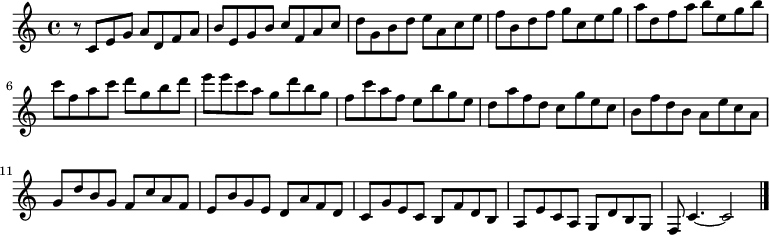 
{

r8
\modalTranspose c c' { c d e f g a b } { c8 e g a }
\modalTranspose c d' { c d e f g a b } { c e g a }
\modalTranspose c e' { c d e f g a b } { c e g a }
\modalTranspose c f' { c d e f g a b } { c e g a }
\modalTranspose c g' { c d e f g a b } { c e g a }
\modalTranspose c a' { c d e f g a b } { c e g a }
\modalTranspose c b' { c d e f g a b } { c e g a }
\modalTranspose c c'' { c d e f g a b } { c e g a }
\modalTranspose c d'' { c d e f g a b } { c e g a }
\modalTranspose c e'' { c d e f g a b } { c e g a }
\modalTranspose c f'' { c d e f g a b } { c e g a }
\modalTranspose c g'' { c d e f g a b } { c e g a }

\modalInversion c e''' { c d e f g a b } { c e g a }
\modalInversion c d''' { c d e f g a b } { c e g a }
\modalInversion c c''' { c d e f g a b } { c e g a }
\modalInversion c b'' { c d e f g a b } { c e g a }
\modalInversion c a'' { c d e f g a b } { c e g a }
\modalInversion c g'' { c d e f g a b } { c e g a }
\modalInversion c f'' { c d e f g a b } { c e g a }
\modalInversion c e'' { c d e f g a b } { c e g a }
\modalInversion c d'' { c d e f g a b } { c e g a }
\modalInversion c c'' { c d e f g a b } { c e g a }
\modalInversion c b' { c d e f g a b } { c e g a }
\modalInversion c a' { c d e f g a b } { c e g a }
\modalInversion c g' { c d e f g a b } { c e g a }
\modalInversion c f' { c d e f g a b } { c e g a }
\modalInversion c e' { c d e f g a b } { c e g a }
\modalInversion c d' { c d e f g a b } { c e g a }


c'4.~ c'2

\bar "|."
}
