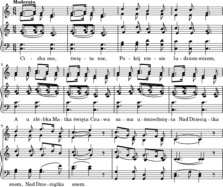 
%\new StaffGroup {
  <<
    \new Staff \with { midiInstrument="flute" } {
      \tempo "Moderato"
      \time 6/8
      <<
      \new Voice = "hi" { \relative g' { \stemUp
        g8.[( a16]) g8 e4. | g8.[( a16]) g8 e4. |
        d'4 d8 b4 b8 | c4 c8 g4. |
        a4 a8 c8.[ b16] a8 | g8.[ a16] g8 e4 e8 |
        a4 a8 c8.[ b16] a8 | g8.[ a16] g8 e4 e8 |
        d'4 d8 f8.[ d16] b8 | c4.( e4) r8 |
        c8.[( g16]) e8 g8.[ f16] d8 | c4.( c4) r8 |
      } }
    \new Lyrics \lyricsto "hi" { \lyricmode {

         Ci -- cha noc, świę -- ta noc,
         Po -- kój nie -- sie lu -- dziom wszem,
         A u żłó -- bka Ma -- tka świę -- ta
         Czu -- wa sa -- ma u -- śmie -- chnię -- ta
         Nad Dzie -- cią -- tka snem,
         Nad Dzie -- cią -- tka snem.

        } }  

      \new Voice = "lo" { \relative g' { \stemDown
        e8.[( f16]) e8 c4. | e8.[( f16]) e8 c4. | 
        f4 f8 f4 f8 | e4 e8 e4. |
        f4 f8 a8.[ g16] f8 | e8.[ f16] e8 c4 c8 |
        f4 f8 a8.[ g16] f8 | e8.[ f16] e8 c4 c8 |
        g'4 g8 g4 f8 | e4.( g4) r8 |
        e4 c8 b4 b8 |c4.( c4) r8 |
      } }
 

   >>
}  
    \new GrandStaff 
      <<
        \new Staff {
          <<
          \new Voice = "hi" { \relative g' { \stemUp
            g8.[( a16 g8]) e4. | g8.[( a16 g8]) e4. |
            d'4 d8 b4 b8 | c4 c8 g4. |
            a4 a8 c8.[( b16 a8]) | g8.[( a16 g8]) e4 e8 |
            a4 a8 c8.[( b16 a8]) | g8.[( a16 g8]) e4 e8 |
            d'4 d8 f8.[ d16 b8] | c4.( e4) r8 |
            c8.[( g16 e8]) g8.[( f16 d8]) | c4.( c4) r8 |
          } }
          \new Voice = "lo" { \relative g' { \stemUp
            e8.[( f16 e8]) c4. | e8.[( f16 e8]) c4. | 
            f4 f8 f4 f8 | e4 e8 e4. |
            f4 f8 a8.[( g16 f8]) | e8.[( f16 e8]) c4 c8 |
            f4 f8 a8.[( g16 f8]) | e8.[( f16 e8]) c4 c8 |
            g'4 g8 g4. | g4.( g4) r8 |
            e4 c8 b4 b8 |c4.( c4) r8 |
          } }

          >>
        }

        \new Staff {
           \clef "bass"

           <c g>4. <c g>4. | <c g>4. <c g>4. |
           <g b>4 <g b>8 | <g d'>4 <g d'>8 | <c c'>4 <c c'>8 <c c'>4. |
           <f c'>4. <f c'>4. | <c c'>4. <c c'>4. |
           <f c'>4. <f c'>4. | <c c'>4. <c c'>4. |
           <g b>4 <g b>8 << g4. { b4( f'8) } >> | <c' e'>4.( <c' e'>4) r8 |
           <g, g>4 <g, g>8 <g, d>4 <g, f>8 | << { c4.( c4) } { e4( g8 e4) } >> r8 |
        }
      >>
   >>
%}
