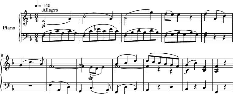 
\version "2.14.2"
\header {
  tagline = ##f
}
upper= \relative c' {
  \clef treble
  \key f \major
  \time 3/4
  \tempo 4 = 140
  \set Staff.midiInstrument = #"piano"

    f2\p^\markup { Allegro } (a4)
    c2 (a4)
    bes2 (g'4)
    f8 (e) e4 r4
    f4 (a, d)
    g, (c4. a8)
     << {s2. g2.} \\ { \stemUp f2.~ \stemDown f4 e8\trill (d e4)} >> % attention les liaisons de tenues sont avec ~, celle de phrasé avec ()
    <<{a4^(bes d) d8 (c bes a g f)} \\ { f2.~ f4 r4 r4 } >> % même problème liaison = ~ ; phrasé = ()
    g4\f (bes) <bes, e>
    <a f'> r4

  }

lower=\relative c {
    \clef bass
    \key f \major
    \numericTimeSignature
    \time 3/4
 
    f8 (a c a c a)
    f8 (c' ees c ees c)
    f,8 (bes d bes d bes)
    f8 (g bes g bes g)
    <f a>4 r4 r4
    R2.
    f4 (a, d)
    g, c4. (a8)
    f4 (d' bes)
    a4 r4 d
    bes r4
    c f, r4
  }
\score {
       \new PianoStaff \with { instrumentName = #"Piano" }
       <<
         \new Staff = "upper" \upper
         \new Staff = "lower" \lower
       >>
\layout { }
\midi { } }
