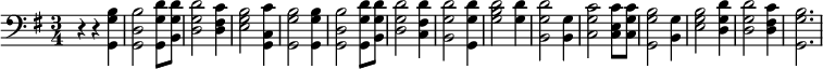  % Adding least one space before each line is recommended
 { \language "english"                % Songs have the format <score>{lots of stuff}
 \new PianoStaff <<
 \new Staff \relative c  { 
  \set Staff.midiInstrument = #"piano" \clef bass \time 3/4  \key g \major \transpose g c
 r4 r4 <g g' b> % 1 A
 <g d' b'>2 <g g' d'>8 <b g' d'>8 % 2 mazing
 <d g d'>2 <d fs c'>4    % 3 grace h ow
 <e g b>2 <c g c'>4    % 4 sweet the
 <g g' b>2 <g g' b>4    % 5 sound that 
 <g d' b'>2  <g g' d'>8 <b g' d'>8 % 6 saved a
 <d g d'>2 <c fs d'>4    % 7 wretch like
 <b g' d'>2 <g g' d'>4   % 8 me I
 <g' b d>2  <g d'>4  % 9 once was 
 <b, g' d'>2 <b g'>4  % 10 lost but
 <c g' c>2 <c e c'>8 <c g' c>8 % 11 now am
 <g g' b>2 <b g'>4 % 12 found, was
 <e g b>2 <d g d'>4 % 13 blind, but
 <d g d'>2 <d fs c'>4 % 14 now I
 <g, g' b>2. % 15 see
 } >> }