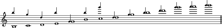 
<<
\relative c''' {
  \override Staff.TimeSignature #'stencil = ##f
  \time 14/1
  \tiny
  b4 s2.
  g4 s2.
  d4 s2.
  b'4 s2.
  g,4 s2.
  b'4 s2.
  g'4 s2.
  d,4 s2.
  g4 s2.
  b4 s2.
  d4 s2.
  g4 s2.
  a4 s2.
  b4 s2.
  \bar "||"
}
\\
\relative c' {
  \time 14/1
  b1 c d e g b c d g b d g a b
}
>>
