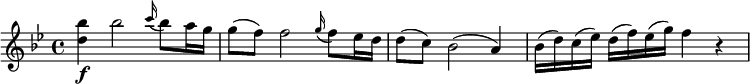 
\relative c''' { \set Score.tempoHideNote = ##t \tempo 4 = 132
  \key bes \major
  \tempo "Allegro moderato"
  <bes d,>4\f bes2 \grace c16( bes8) a16 g | g8( f) f2 \grace g16( f8) es16 d | d8( c) bes2( a4) | bes16(d) c(es) d(f) es(g) f4 r
}
