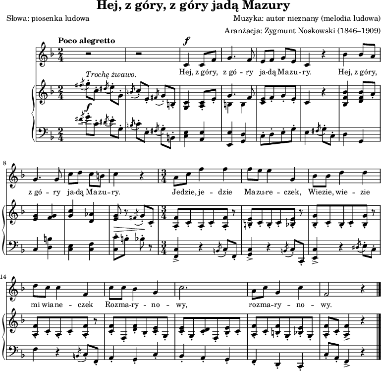 
\version "2.20.0"

\header{
title = "Hej, z góry, z góry jadą Mazury"
poet = "Słowa: piosenka ludowa"
composer = "Muzyka: autor nieznany (melodia ludowa)"
arranger = "Aranżacja: Zygmunt Noskowski (1846–1909)"
tagline = ""
}

\score{
<<

\new Staff \with { midiInstrument = "flute" } {
   \new Voice = "mel" 

   \relative c' {
		\key f \major
		\clef treble
		\time 2/4
%		\tempo 4=120
        \tempo "Poco alegretto"

   \cadenzaOn s2 \cadenzaOff % problem techniczny: ozdobnik (\acciaccatura) na początku taktu powodował podwójne wyświetlanie metrum
         r2 | r2 |		

		c4^\f c8 f |
		g4. f8 |
		e f g e |
		c4 r4 |
		
		bes'4 bes8 a |
		g4. g8 |
		c d c b |
		c4 r4|
		
		a8 c f4 f |
		f8 e e4 g, |
		bes8 bes d4 d |
		d8 c c4 f, |
		
		c'8 c bes4 g |
		c2. |
		a8 c g4 c |
		f,2 r4 \bar "|."
   }
}

\addlyrics { \small {
        Hej, z_gó -- ry, z_gó -- ry
        ja -- dą Ma -- zu -- ry.
        Hej, z_gó -- ry, z_gó -- ry
        ja -- dą Ma -- zu -- ry.
        Je -- dzie, je -- dzie Ma -- zu -- re -- czek,
        Wie -- zie, wie -- zie mi wia -- ne -- czek
        Roz -- ma -- ry -- no -- wy,
        roz -- ma -- ry -- no -- wy.

} }
\new PianoStaff <<
\new Staff = "RH"
\relative c'' {
\clef treble
\key f \major
\time 2/4
\tempo 4=120

% tu prawa ręka
   \cadenzaOn s2 \cadenzaOff 
   \acciaccatura { fis8 } g8\staccato^\markup { \italic {Trochę żwawo.} } [ c,\staccato ] \acciaccatura { dis8 } e \staccato [ g, \staccato ] |
   \acciaccatura { b8 } c \staccato [ e, \staccato ] \acciaccatura { fis8 } g \staccato [  b, \staccato ] |

   <g c>4 <a c>8 \staccato [ e' \staccato ] |
   << { g4. f8 } \\ { b,4 b } >> |
   <c e>8[ f \staccato g \staccato e \staccato ] |
   c4 r |

   <bes f' bes>4 <d f bes>8[ a' \staccato ] |
   <e g>4 <f g> |

   <g c> <d as'> |
   <e g>8 r \acciaccatura { fis8 } g8\staccato [ c,\staccato ] |

   <a f'>8 \staccato [ c \staccato  a \staccato c \staccato <a f'> \staccato ] r |
   <b e>8 \staccato [ c \staccato  b \staccato c \staccato <bes e> \staccato ] r |
   <bes g'>8 \staccato [ c \staccato  bes \staccato c \staccato <bes g'> \staccato ] r |    
   <a f'>8 \staccato [ c \staccato  a \staccato c \staccato <a f'> \staccato ] r |

   <c f> \staccato [ f, \staccato <d' f> \staccato bes \staccato <c e> \staccato g \staccato ] |
   <c e> \staccato [ g \staccato <c d> \staccato f, \staccato <bes e> \staccato c \staccato ] |

   <a f'> \staccato [ c \staccato <b f'> \staccato g \staccato <bes e> \staccato g \staccato ] |
   <a f'> \staccato [ c \staccato ] <a f'>4-> r \bar "|." 
}
\new Staff = "LH" {
%\relative c' {
\clef bass
\key f \major
\time 2/4
\tempo 4=120

% tu lewa ręka
   \cadenzaOn s2 \cadenzaOff 
   \acciaccatura { fis'8 } g'8\staccato^\f [ c'\staccato ] \acciaccatura { dis'8 } e' \staccato [  g \staccato ] |
   \acciaccatura { b8 } c' \staccato [  e \staccato ] \acciaccatura { fis8 } g \staccato [  b, \staccato ]

   <c e>4 <a, e> |
   <e, e> <g, d> |
   c8\staccato [ d\staccato e\staccato g\staccato ] |
   e4 \acciaccatura { fis8 } g \staccato [  c \staccato ] |

   d4 g, |
   c <d b> |
   <e c> <f c> |
   <c c'>8^\> \staccato [ b \staccato ] bes8\! \staccato r8 |

\time 3/4
   <f, c>4-> r4 \acciaccatura { b,8 } c \staccato [  f, \staccato ] |
   <g, c>4-> r4 \acciaccatura { b,8 } c \staccato [  c, \staccato ] |

   <e, c>4-> r4 \acciaccatura { dis8 } e \staccato [ c \staccato ] |
   f4 r4  \acciaccatura { b,8 } c \staccato [  f, \staccato ] |

   a,4 \staccato g, \staccato c \staccato |
   bes, \staccato a, \staccato g, \staccato |

   f, \staccato d, \staccato c, \staccato |
   c8 \staccato [ a, \staccato ] f,4-> r4 \bar "|." 
}
   >>
>>
\midi{}
\layout{}

}
