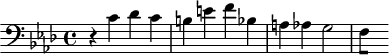 
\version "2.18.2"
\header {
  tagline = ##f
}

\score {
  \new Staff \with {

  }
<<
  \relative c' {
    \clef bass
    \key f \minor
    \time 4/4

     %% SUJET fugue CBT I-12, BWV 857, fa mineur
     r4 c4 des c b e f bes, a aes g2
{ 
 % suppression des warnings :
 #(ly:set-option 'warning-as-error #f)
 #(ly:expect-warning (_ "stem does not fit in beam")) %% <= à traduire éventuellement
 #(ly:expect-warning (_ "beam was started here")) %% <= à traduire éventuellement
  \set stemRightBeamCount = #1
  f4*1/2[ s]
}

  }
>>
  \layout {
     \context { \Score \remove "Metronome_mark_engraver" 
     %\override SpacingSpanner.common-shortest-duration = #(ly:make-moment 1/2) 
}
  }
  \midi {} 
}
