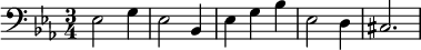 
\new PianoStaff <<
    \set PianoStaff.instrumentName = #""
    \new Staff = "lower" \relative c {
  \clef bass
  \key ees \major
  \time 3/4
ees2 g4      | % 1
    ees2 bes4      | % 2
    ees g bes      | % 3
    ees,2 d4      | % 4
    cis2.
}
>>
