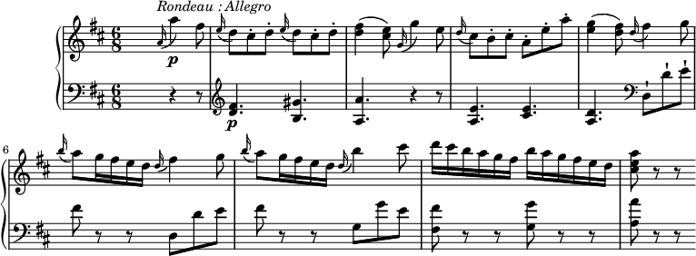 
\version "2.18.2"
\header {
  tagline = ##f
}
upper = \relative c' {
         \clef "treble"
         \tempo "Allegro"
         \key d \major
         \time 6/8
         \tempo 4 = 100
         \set Staff.midiInstrument = #"piano"
        s4. \grace a'16^\markup{\italic {Rondeau : Allegro}} (a'4)\p fis8
        \grace e16 (d8) cis-. d-.  \grace e16 (d8) cis-. d-.
        <d fis>4 (<cis e>8)  \grace g16 (g'4) e8
        \grace d16 (cis8) b-. cis-.  a-. e'-. a-.
        <e g>4 (<d fis>8)  \grace d16 (fis4) g8
        \grace b16 (a8) g16 fis e d  \grace d16 (fis4) g8
        \grace b16 (a8) g16 fis e d  \grace d16 (b'4) cis8
        d16 cis b a g fis b a g fis e d
        <cis e a>8 r r
}
lower = \relative c' {
         \clef "bass"
         \key d \major
         \set Staff.midiInstrument = #"piano"
     s4. r4 r8 \clef "treble"
     <d fis>4. \p <b gis'>
     <a a'> r4 r8
     <a e'>4. <cis e>
     <d a>  \clef "bass" d,8-! d'-! e-!
     fis r r d, d' e
     fis r r g, g' e
     <fis, fis'> r r  < g g'> r r
     <a a'> r r
}
\score {
  \new PianoStaff <<
    \new Staff = "upper" \upper
    \new Staff = "lower" \lower
  >>
  \layout {
    \context {
      \Score
      \remove "Metronome_mark_engraver"
    }
  }
  \midi { }
}
