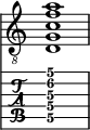  
<<
  %\override Score.BarLine.break-visibility = ##(#f #t #t)
  \time 1/1
    \new Staff  {
    \clef "treble_8"
        \once \override Staff.TimeSignature #'stencil = ##f
        < d g c' f' a'>1
    }

     \new TabStaff {
       \override Stem #'transparent = ##t
       \override Beam #'transparent = ##t 
      < d\5 g\4 c'\3 f'\2 a'\1>1
  }
>>
