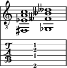  
<<
  %\override Score.BarLine.break-visibility = ##(#f #t #t)
  \time 2/1
    \new Staff  {
    \clef "treble_8"
        \once \override Staff.TimeSignature #'stencil = ##f
        <fis,  ees a c' >1 | <ges,  feses beses deses' >1 |
    }

     \new TabStaff {
       \override Stem #'transparent = ##t
       \override Beam #'transparent = ##t 
      s2 <fis,\6  dis\4 a\3 c'\2 >1 s2
  }
>>
