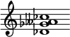 {
  % Rivin lopun pystyviiva ja tahtiosoitus piiloon.
  \override Score.BarLine.break-visibility = ##(#f #t #t)
  \override Staff.TimeSignature #'stencil = ##f
  
  <des' ges' aeses' ces''>1
}
