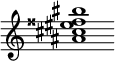 {
  % Rivin lopun pystyviiva ja tahtiosoitus piiloon.
  \override Score.BarLine.break-visibility = ##(#f #t #t)
  \override Staff.TimeSignature #'stencil = ##f
  
  <ais' cis'' eis'' fisis'' bis''>1
}
