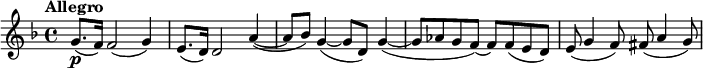 
\relative c' { \key d \minor \time 4/4 \tempo "Allegro"
 g'8.\p( f16) f2( g4) e8.( d16) d2 a'4(~ a8 bes) g4(~ g8 d) g4(~ g8 aes g f)~ f f(e d) e( g4 f8) fis( a4 g8) }
