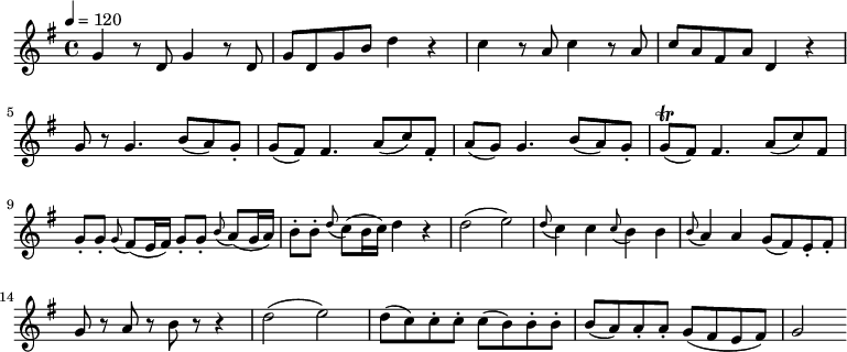 
{
   \relative c' {
      \key g \major
      \time 4/4
      \tempo 4 = 120
      \set Staff.midiInstrument = "tremolo strings"
      \transposition c'
        g'4 r8 d g4 r8 d g d g b d4 r
        c r8 a c4 r8 a c a fis a d,4 r \break
        g8 r g4. b8( a) g\staccato g( fis) fis4. a8( c) fis,\staccato a( g) g4. b8( a) g\staccato
                g(\trill fis) fis4.  a8( c) fis, \break
        g\staccato g\staccato \appoggiatura g fis( e16 fis) g8\staccato g\staccato \appoggiatura b a( g16 a)
                b8\staccato b\staccato \appoggiatura d c( b16 c) d4 r
                d2( e) \appoggiatura d8 c4 c \appoggiatura c8 b4 b \appoggiatura b8 a4 a g8( fis) e\staccato fis\staccato \break
        g8 r a r b r r4 d2( e) d8( c) c\staccato c\staccato c( b) b\staccato b\staccato
                b( a) a\staccato a\staccato g( fis e fis) g2
      }
}
