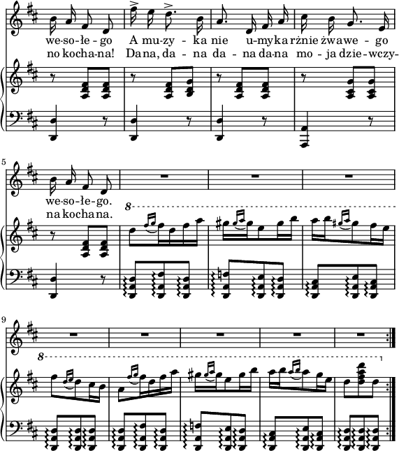 
lVarA = \lyricmode { we -- so -- łe -- go A mu -- zy -- ka nie u -- my -- ka rżnie żwa -- we -- go we -- so -- łe -- go. }

sVarCV = {  }

sVarD = {  }

sVarA = { b'16 a fis8 d | fis'16^> e d8.^> b16 | a8. d,16 fis a | cis b g8. e16 | b' a fis8 d | R4.*8 \bar ":|." }

lVarB = \lyricmode { no ko -- cha -- "na!" Da -- na, da -- na da -- na da -- na mo -- ja dzie -- wczy -- na ko -- cha -- na. }

sVarCrep = { <d d'>4 r8 | <d d'>4 r8 | <d d'>4 r8 | <a a'>4 r8 | <d d'>4 r8 | <d a' d>\arpeggio[<d a' fis'>\arpeggio <d a' d>\arpeggio] | <d a' f'>\arpeggio[<d a' e'>\arpeggio <d a' d>\arpeggio] | <d a' cis>\arpeggio[<d a' e'>\arpeggio <d a' cis>\arpeggio] | <d a' d>\arpeggio[<d a' d>\arpeggio <d a' d>\arpeggio] | <d a' d>\arpeggio[<d a' fis'>\arpeggio <d a' d>\arpeggio] | <d a' f'>\arpeggio[<d a' e'>\arpeggio <d a' d>\arpeggio] | <d a' cis>\arpeggio[<d a' e'>\arpeggio <d a' cis>\arpeggio] | <d a' d>\arpeggio[<d a' d>\arpeggio <d a' d>\arpeggio] \bar ":|." }

sVarE = {  }

sVarB = { r8 <a d fis>[<a d fis>] | r <a d fis>[<b d g>] | r <a d fis>[<a d fis>] | r <a cis g'>[<a cis g'>] | r <a d fis>[<a d fis>] | \ottava #1 \set Staff.ottavation = #"8" d''[ \acciaccatura { fis16[g] } fis16 d fis a] | gis[ \acciaccatura { gis16[a] } gis e8 gis16 b] | a[b \acciaccatura { gis16[a] } gis8 fis16 e] | fis8[ \acciaccatura { d16[e] } d8 cis16 b] | a8[ \acciaccatura { fis'16[g] } fis16 d fis a] | gis[ \acciaccatura { gis16[a] } gis e8 gis16 b] | a[b \acciaccatura { a16[b] } a8 g16 e] | d8[<d fis a d> d] \ottava #0 \bar ":|." }

sVarCm = {  }

\paper { #(set-paper-size "a4")
 oddHeaderMarkup = "" evenHeaderMarkup = "" }
\header { tagline = ##f }
\version "2.18.2"
\score {
\midi {  }
\layout { line-width = #140
\context { \PianoStaff \consists #Span_stem_engraver } indent = 0\cm}
<<
  \new Staff \with { \remove "Time_signature_engraver" } { \clef "violin" \key d \major \time 3/8 \autoBeamOff \relative e' { \override TupletBracket.bracket-visibility = ##f \sVarA } }
  \addlyrics { \lVarA }
  \addlyrics { \lVarB }
  \new PianoStaff <<
    \new Staff = "up" \with { \remove "Time_signature_engraver" } { \clef "violin" \key d \major \time 3/8 \override TupletBracket #'direction = #UP \relative a { \sVarB } }
    \new Staff = "down" \with { \remove "Time_signature_engraver" } { \clef "bass" \key d \major \time 3/8 \autoBeamOff \relative a,, { \sVarCrep } }
  >>
>> }