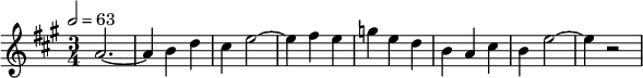 { \time 3/4 \tempo 2 = 63 \key a\major
  { a'2.~ | a'4 b' d'' | cis'' e''2~ | e''4 fis'' e'' | g'' e'' d'' | b' a' cis'' | b' e''2~ | e''4 r2 }  }