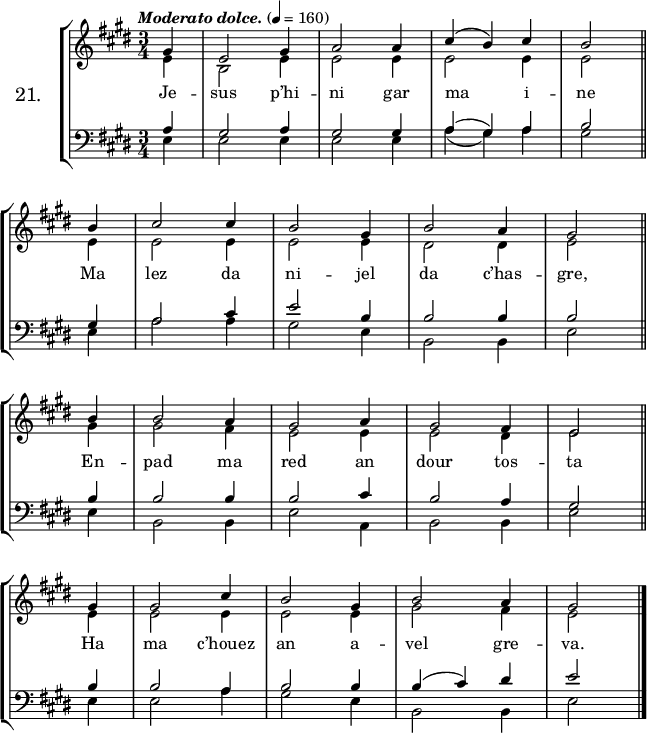 
\version "2.16.2"
\header {
  tagline = ##f
}
\score {
\new StaffGroup <<
\set StaffGroup.instrumentName = \markup {\huge 21.}
 \new Staff = "merc’hed" <<
  \key e \major
  \time 3/4
  \tempo \markup {\italic Moderato \italic dolce.} 4=160
  \partial 4*1
   \new Voice = "soprano" { 
    \voiceOne <<
     \autoBeamOff
     \relative c'' {
gis4 | e2 gis4 | a2 a4 | cis (b) cis | b2 \bar "||" \break
b4 | cis2 cis4 b2 gis4 | b2 a4 | gis2 \bar "||" \break
b4 | b2 a4 | gis2 a4 | gis2 fis4 | e2 \bar "||" \break
gis4 | gis2 cis4 | b2 gis4 | b2 a4 | gis2 \bar "|."
} >> }
   \new Voice = "alto" {  
    \voiceTwo <<
     \autoBeamOff
     \relative c' {
e4 | b2 e4 | e2 e4 | e2 e4 | e2 \bar "||" \break
e4 | e2 e4 | e2 e4 | dis2 dis4 | e2 \bar "||" \break
gis4 | gis2 fis4 | e2 e4 | e2 dis4 | e2 \bar "||" \break
e4 | e2 e4 | e2 e4 | gis2 fis4 | e2 \bar "|."
} >> }
>>
   \new Lyrics 
    \lyricsto "soprano" {
Je -- sus p’hi -- ni gar ma i -- ne
Ma lez da ni -- jel da c’has -- gre,
En -- pad ma red an dour tos -- ta
Ha ma c’houez an a -- vel gre -- va.
}
 \new Staff = "paotred" <<
  \clef bass
  \key e \major
  \time 3/4
  \autoBeamOff
   \new Voice = "tenor" { 
    \voiceOne <<
     \autoBeamOff
     \relative c' {
a4 | gis2 a4 | gis2 gis4 | a (gis) a | b2 \bar "||" \break
gis4 | a2 cis4 e2 b4 | b2 b4 | b2 \bar "||" \break
b4 | b2 b4 | b2 cis4 | b2 a4 | gis2 \bar "||" \break
b4 | b2 a4 | b2 b4 | b (cis) dis | e2 \bar "|."
} >> }
    \new Voice = "bass" { 
     \voiceTwo <<
      \autoBeamOff
      \relative c {
e4 | e2 e4 | e2 e4 | a4 (gis) a | gis2 \bar "||" \break
e4 | a2 a4 | gis2 e4 | b2 b4 | e2 \bar "||" \break
e4 | b2 b4 | e2 a,4 | b2 b4 | e2 \bar "||" \break
e4 | e2 a4 | gis2 e4 | b2 b4 | e2 \bar "|."
} >> }
>>
>>
  \layout { 
%  indent = #10
  line-width = #160
  }
  \midi {}
}
