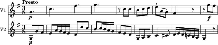 
<<
  \new Staff \with { instrumentName = #"V1 "}  
  \relative c'' {
     \version "2.18.2"
     \key g \major
     \tempo "Presto"
     \time 3/8
   g4.\p c fis g
   r8 c, c
   b c d
   e-! a, (g)
   fis4 r8
    r8 g'\f fis
  }
  \new Staff \with { instrumentName = #"V2 "}
  \relative c'' {
    \key g \major
    \time 3/8
    g,8\p g' fis
    e a16 g fis e
    d8 d' c
    b c16 b a g
    fis8 e d
    g, a b
    c4 cis8
   d16 e d c! b a
   g4 r8
  }
>>
