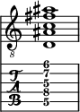  
<<
  %\override Score.BarLine.break-visibility = ##(#f #t #t)
  \time 1/1
    \new Staff  {
    \clef "treble_8"
        \once \override Staff.TimeSignature #'stencil = ##f
        < d ais c' fis' ais'>1
    }

     \new TabStaff {
       \override Stem #'transparent = ##t
       \override Beam #'transparent = ##t 
      < d\5 ais\4 c'\3 fis'\2 ais'\1>1
  }
>>
