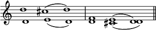 { \override Score.TimeSignature #'stencil = ##f \time 3/1 \key c \major <<
\new Voice \relative d'' { d1 cis^( d) | f, e^( d) \bar "||" }
\new Voice \relative d' { d1 e_( d) | d cis_( d) } >> }