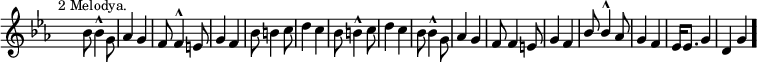 
\relative c'' {
\clef treble
\once \override Staff.TimeSignature #'transparent = ##t 
\key es \major
\time 2/4
\tempo \markup { \medium \small "2 Melodya." } 
bes8 \stemDown bes4^\marcato g8 |
\stemNeutral as4 g4 | f8 f4^\marcato e8 | g4 f4 | bes8 b4 c8 | d4 c4 |
bes8 b4^\marcato c8 | d4 c4 | \stemDown bes8 bes4^\marcato g8 | \stemUp as4 g4 | f8 f4 e8 | g4 f4 |
bes8 bes4^\marcato as8 | g4 f4 | es16 es8. g4 | d4 g4 \bar "." }
