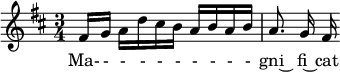   \relative c' { \clef treble \time 3/4 \key d \major \partial 8*5 fis16[ g] a[ d cis b] a[ b a b] | \autoBeamOff a8. g16 fis }  \addlyrics { Ma- - - - - - - - - - gni~ fi~ cat }