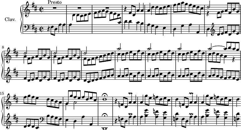 
\version "2.18.2"
\header {
  tagline = ##f
  % composer = "Domenico Scarlatti"
  % opus = "K. 388"
  % meter = "Presto"
}

%% les petites notes
trillApUp     = { \tag #'print { a'4\prall } \tag #'midi { b32 a b a~ a8 } }

upper = \relative c'' {
  \clef treble 
  \key d \major
  \time 2/2
  \tempo 2 = 72
  \set Staff.midiInstrument = #"harpsichord"
  \override TupletBracket.bracket-visibility = ##f

      s8*0^\markup{Presto}
      R1*3 | r4 fis,8 d a'4 a |
      % ms. 5
      a4 d d8 cis d e | fis g a g fis e d cis | << { d2 } \\ { r4 fis,8 g } >> a8 fis b g | \repeat unfold 2 { << { d'2 } \\ { a4 fis8 g } >> a8 fis b g } |
      % ms. 10
      << { d'2 } \\ { fis,8 e fis g a b cis d } >> | \repeat unfold 3 { << { a'2 } \\ { cis,4 cis8 d e cis fis d } >> }
      % ms. 14
      << { a'2~ a8 b a g } \\ { cis,8 d cis b a4 r4 } >> fis'8 g fis e d cis b a | << { g8 g' fis e fis d e cis } \\ { g4 a2 } >> d1\fermata
      % ms. 18
      r4 \repeat unfold 2 { f,8 d \trillApUp a4 | a g'8 e f d e cis | d4 }

}

lower = \relative c' {
  \clef bass
  \key d \major
  \time 2/2
  \set Staff.midiInstrument = #"harpsichord"
  \override TupletBracket.bracket-visibility = ##f

    % ************************************** \appoggiatura a16  \repeat unfold 2 {  } \times 2/3 { }   \omit TupletNumber 
      r4 fis,8 d a'4 a | a \stemDown \change Staff = "upper"  d d8 cis d e | fis g a g fis e d \stemNeutral \change Staff = "lower" cis | d4 d cis b |
      % ms. 5
      a4 g fis e | d g a a, | d   \clef treble  d'8 e fis d g e | \repeat unfold 2 { fis4 d8 e fis d g e } |
      % ms. 10
      d8 cis d e fis g a b | \repeat unfold 3 { a4 a8 b cis a d b } |
      % ms. 14
      a8 b a g fis g fis e | d e d cis    \clef bass b a g fis | e4 d a' a, | d,1\fermata |
      % ms. 18
      r4 \repeat unfold 2 { f'8 d \trillApUp a4 | a < b g' > < a f' > < g e' > | < f d' > } | 

}

thePianoStaff = \new PianoStaff <<
    \set PianoStaff.instrumentName = #"Clav."
    \new Staff = "upper" \upper
    \new Staff = "lower" \lower
  >>

\score {
  \keepWithTag #'print \thePianoStaff
  \layout {
      #(layout-set-staff-size 17)
    \context {
      \Score
     \override SpacingSpanner.common-shortest-duration = #(ly:make-moment 1/2)
      \remove "Metronome_mark_engraver"
    }
  }
}

\score {
  \keepWithTag #'midi \thePianoStaff
  \midi { }
}
