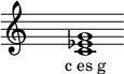 
\relative c'{
\override Staff.TimeSignature #'stencil = ##f
\cadenzaOn s1 <c es g> s1 \cadenzaOff
}
\addlyrics { \small { c_es_g } } 
