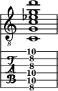  
<<
  %\override Score.BarLine.break-visibility = ##(#f #t #t)
  \time 1/1
    \new Staff  {
    \clef "treble_8"
        \once \override Staff.TimeSignature #'stencil = ##f
        <c g c' ees' g' d''>1
    }

     \new TabStaff {
       \override Stem #'transparent = ##t
       \override Beam #'transparent = ##t 
      <c\6 g\5 c'\4 dis'\3 g'\2 d''\1>1
  }
>>
