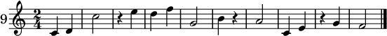 \new Staff \with {
  instrumentName = \markup \huge {"9"}
} \relative c' {
  \time 2/4
  c4 d | c'2 | r4 e | d f | g,2 | b4 r | a2 | c,4 e | r g | f2
  \bar "|."
}