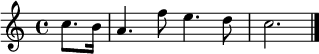 { \set Score.tempoHideNote = ##t \tempo 4 = 80 \set Staff.midiInstrument = #"trumpet" \partial 4 c''8. b'16
a'4. f''8 e''4. d''8
c''2. \bar "|." }