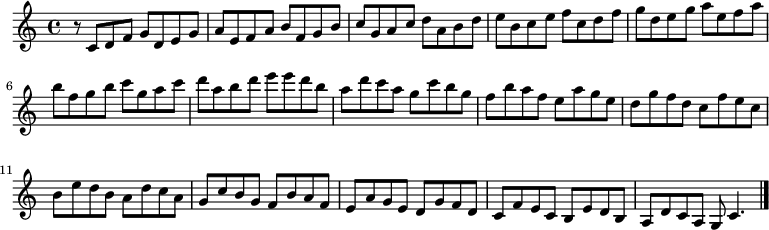 
{

r8
\modalTranspose c c' { c d e f g a b } { c8 d f g } 
\modalTranspose c d' { c d e f g a b } { c d f g } 
\modalTranspose c e' { c d e f g a b } { c d f g } 
\modalTranspose c f' { c d e f g a b } { c d f g } 
\modalTranspose c g' { c d e f g a b } { c d f g } 
\modalTranspose c a' { c d e f g a b } { c d f g } 
\modalTranspose c b' { c d e f g a b } { c d f g } 
\modalTranspose c c'' { c d e f g a b } { c d f g } 
\modalTranspose c d'' { c d e f g a b } { c d f g } 
\modalTranspose c e'' { c d e f g a b } { c d f g } 
\modalTranspose c f'' { c d e f g a b } { c d f g } 
\modalTranspose c g'' { c d e f g a b } { c d f g } 
\modalTranspose c a'' { c d e f g a b } { c d f g } 

\modalInversion c e''' { c d e f g a b } { c d f g } 
\modalInversion c d''' { c d e f g a b } { c d f g } 
\modalInversion c c''' { c d e f g a b } { c d f g } 
\modalInversion c b'' { c d e f g a b } { c d f g } 
\modalInversion c a'' { c d e f g a b } { c d f g } 
\modalInversion c g'' { c d e f g a b } { c d f g } 
\modalInversion c f'' { c d e f g a b } { c d f g } 
\modalInversion c e'' { c d e f g a b } { c d f g } 
\modalInversion c d'' { c d e f g a b } { c d f g } 
\modalInversion c c'' { c d e f g a b } { c d f g } 
\modalInversion c b' { c d e f g a b } { c d f g } 
\modalInversion c a' { c d e f g a b } { c d f g } 
\modalInversion c g' { c d e f g a b } { c d f g } 
\modalInversion c f' { c d e f g a b } { c d f g } 
\modalInversion c e' { c d e f g a b } { c d f g } 
\modalInversion c d' { c d e f g a b } { c d f g } 

c'4.

\bar "|."
}
