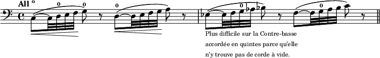 
\relative c {
  \clef bass
  \tempo \markup {All\super o}
  c8\<(~ c32 d-0 e f\! g8-0) r d\<-0(~ d32 e f g\! a8) r
  es(~_\markup {\tiny\left-column {"Plus difficile sur la Contre-basse" "accordée en quintes parce qu’elle" "n’y trouve pas de corde à vide."}} es32 f g-0 as bes8) r f(~ f32 g-0 as bes c8) r
  \bar "||"
}
