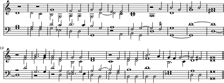 << \time 2/2 \override Score.TimeSignature #'stencil = ##f \new Staff << \new Voice { \relative g' { \stemUp R1*2 g1 | f2 f | g g |
  e e d1 | r2 a' | b g | b b |
  a1 | r2 a | b2. b4 | a2 f | g g | f1 |
  r2 f | f f | b2. a4 | g f g2 ^~ | g fis | g\breve*1/2 \bar "||" } }
\new Voice { \relative d' { \stemDown d1 | d2 c | b g | a a | g d' _~ 
  d c | b1 | a | d | g |
  fis | r2 f | g2. g4 | f2 d | b c | d1 |
  c | d2 d | f1 | b,2. c4 | d1 | d\breve*1/2 } } >>
\new Staff << \clef bass \new Voice { \relative b { \stemUp
  b1 | a2 a | d c | d2. c4 | b2 g |
  a1 | f2 g ^~ | g \set suggestAccidentals = ##t fis | g1 d' ^~ |
  d | r2 d | g,2. g4 | d'2 a | g g | a b ^~ |
  b a | b1 d g, a g\breve*1/2 } }
\new Voice { \relative g { \stemDown g1 | f2 f | g ees | d d | g,1 |
  r2 a | b g | d'1 | g,1 _~ g |
  d' _~ d | r | r2 d | ees2. ees4 | d2 b |
  f' f | b, b b b | ees1 | d2 d | g,\breve*1/2 } } >> >>