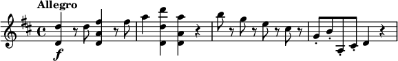 
\relative c'' {
  \tempo "Allegro"
  \key d \major
  <d d,>4\f r8 d <fis a, d,>4 r8 fis |
  a4 <d d, d,> <a a, d,> r |
  b8 r g r e r cis r |
  g8-. b-. a,-. cis-. d4 r |
}
